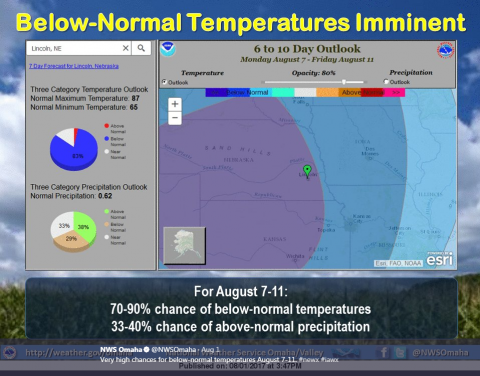 NWS-Omaha map showing areas of below normal temperatures