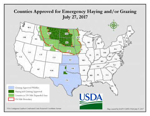 USDA map of counties approved by USDA for emergency haying or grazing