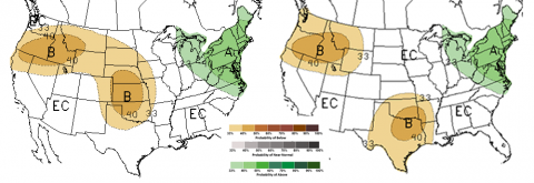 Figures 1 and 2. Comparison of the February (left) and March 15 precipitation outlooks for June-August 2018. A indicates above normal chances, N indicates normal changes, B indicates below normal chances and EC indicates equal chances for precipitation percentages provided in the key. (Source: NOAA Climate Prediction Center)