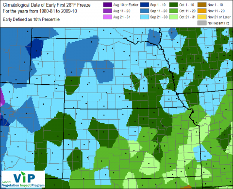 Map of the Midwest showing average date ranges for first 28°F freeze. (Source: Midwest Regional Climate Center)