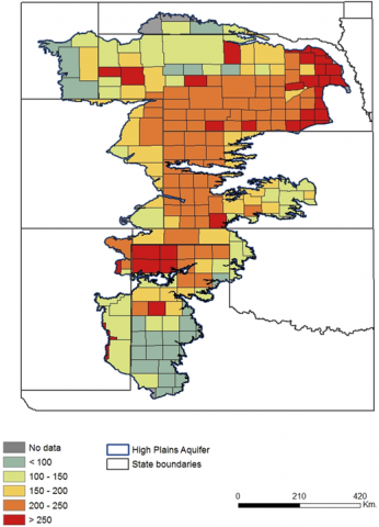 Multi-state map of counties showing agricultural value of irrigation water per acre ($/ac) in 2007.