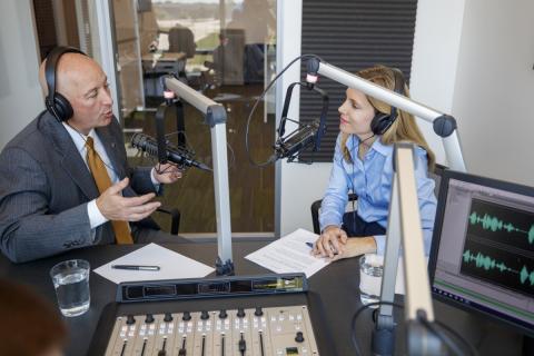 Yeutter Institute Director Jill O'Donnell visits with Nebraska Governor Pete Ricketts during the first episode of Trade Matters, a podcast of the Yeutter Institute. (Craig Chandler - University Communication)