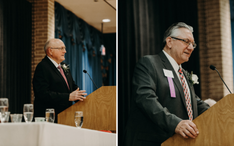 Honorees Bob Dickey (left) and Al Svajgr offer remarks at the Nebraska Hall of Agricultural Achievement banquet March 29 in the Nebraska East Union. (University Communication)