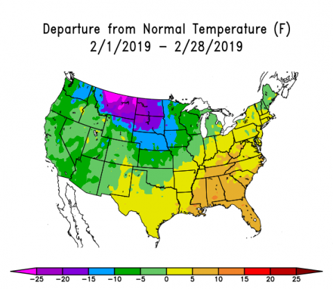 US map showing departure from normal temperatures for February 2019 