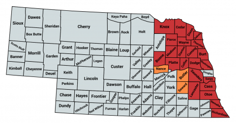 Counties documented as infested in 2018 (red) and 2019 (orange).
