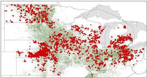 Figure 1. Distribution of survey fields across the north central US. Red circles denote individual fields and the green area shows the region of soybean acres. (Source: USDA-NASS. (2019) USDA-National Agricultural Statistics Service (NASS), National Cultivated Layer).