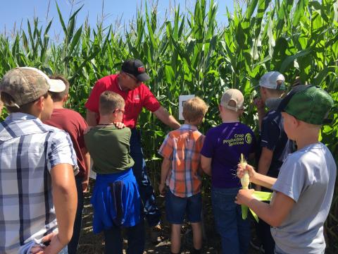Figure 1. Extension Educator Chuck Burr demonstrating to youth how a crop moisture sensor works in a field of corn.