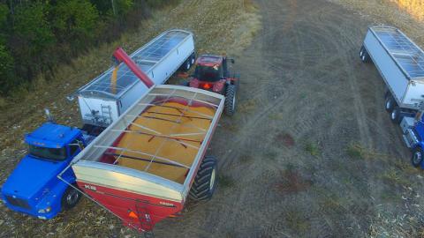 Combine unloading into grain truck