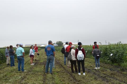 People gather at field's edge to listen to presentation