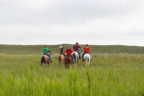 Family riding horses through pasture