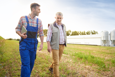 Two men walking and talking in field