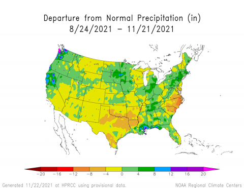 Departure from normal precipitation map
